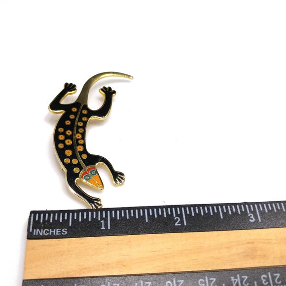 Laurel Burch Black "Lizard" Brooch, Gold Plated Cloisonne, 1980s Vintage Jewelry - Picture 7 of 10